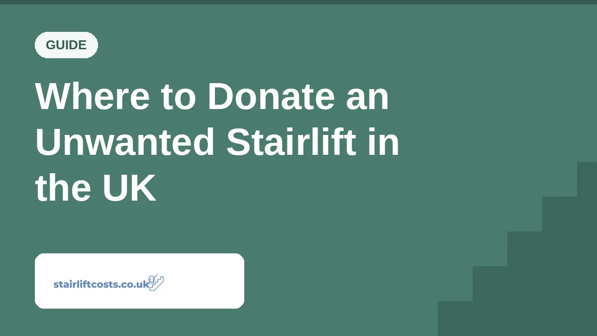 Where to Donate an Unwanted Stairlift in the UK Green hero image with bold white title 'Where to Donate an Unwanted Stairlift in the UK', a GUIDE badge at the top left, and a white rounded logo panel for stairliftcosts.co.uk.