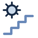 Line icon of a sun above outdoor steps.